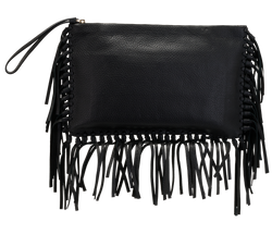 Oversized Tassel Zip Clutch, Leather, Black, MII, 2*